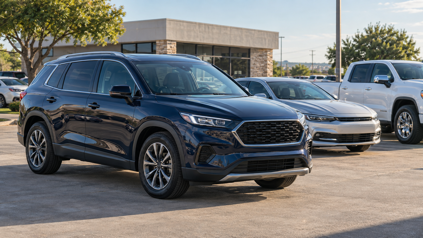 Illustrative independent dealership with an SUV, sedan, and pickup on the lot